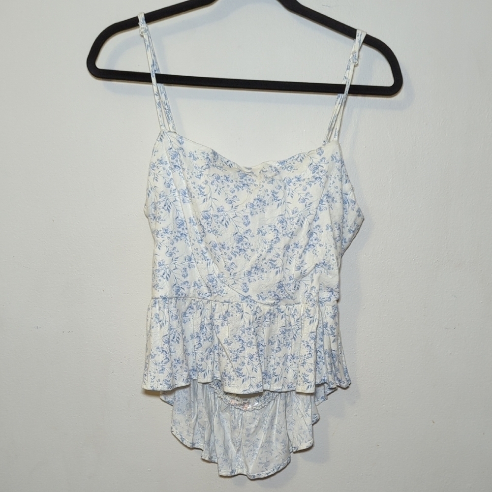 Mi Ami Blue + White Floral Camisole with Back Cutout Linen Blend Women's Size XL